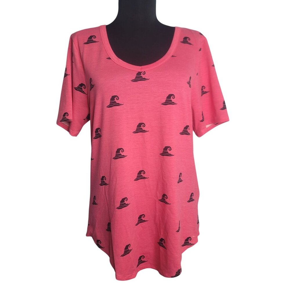 LuLaRoe Size S T Shirt Iris Womens Pink Witch Hat Print Black Halloween Hi Low